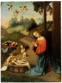 Madonna in adoration of the Christ Child and angels with the instruments of Passion