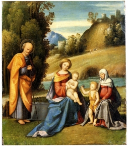 Holy Family with the Infant saint John the Baptist and the Flight into Egypt in the landscape