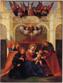 Sacra Famiglia con san Nicola da Tolentino e apparizione di Dio Padre e Spirito Santo