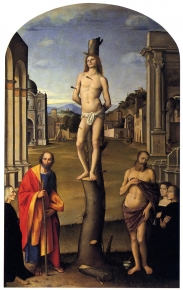 Saint Sebastian between saints Joseph and Job with the donors of the Mori family