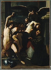 The dead Christ with angels and saints Sebastian and Bernardino of Siena