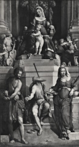 Madonna con il Bambino in trono e i santi Giovanni Battista, Contardo d'Este, Lucia e angeli